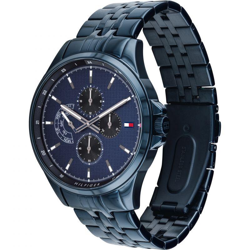 Side angle view of Tommy Hilfiger 1791618 watch showing blue metal bracelet