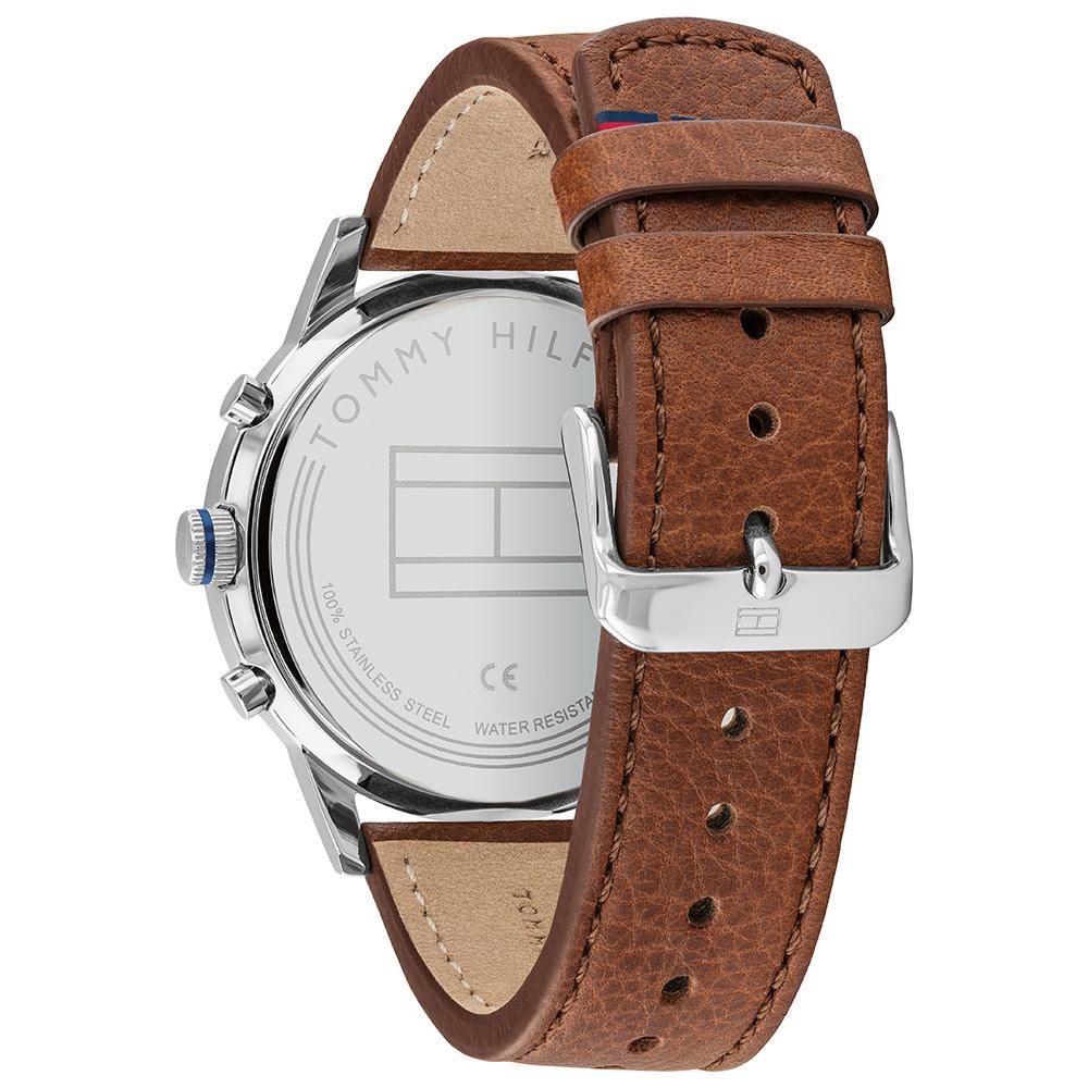 Tommy Hilfiger 1791629 watch caseback with stainless steel case and light brown leather strap