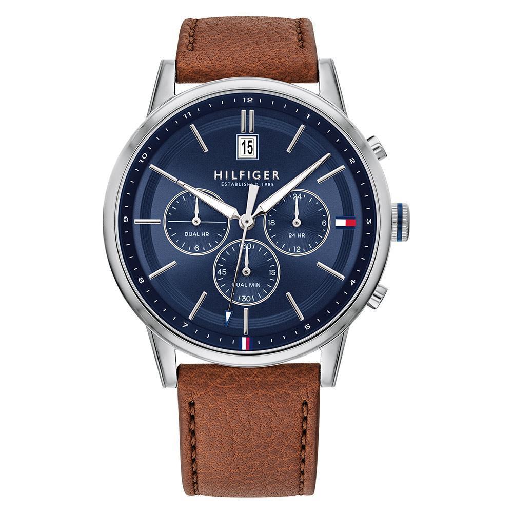 Tommy Hilfiger 1791629 multi-function chronograph watch with navy dial and light brown leather strap