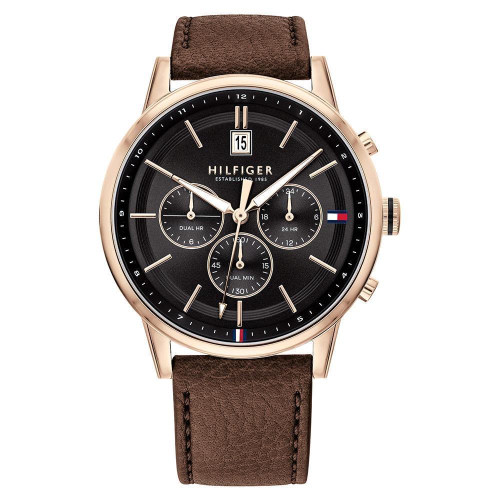 Tommy Hilfiger multi-function chronograph watch with rose-gold case, black dial, dark brown leather strap