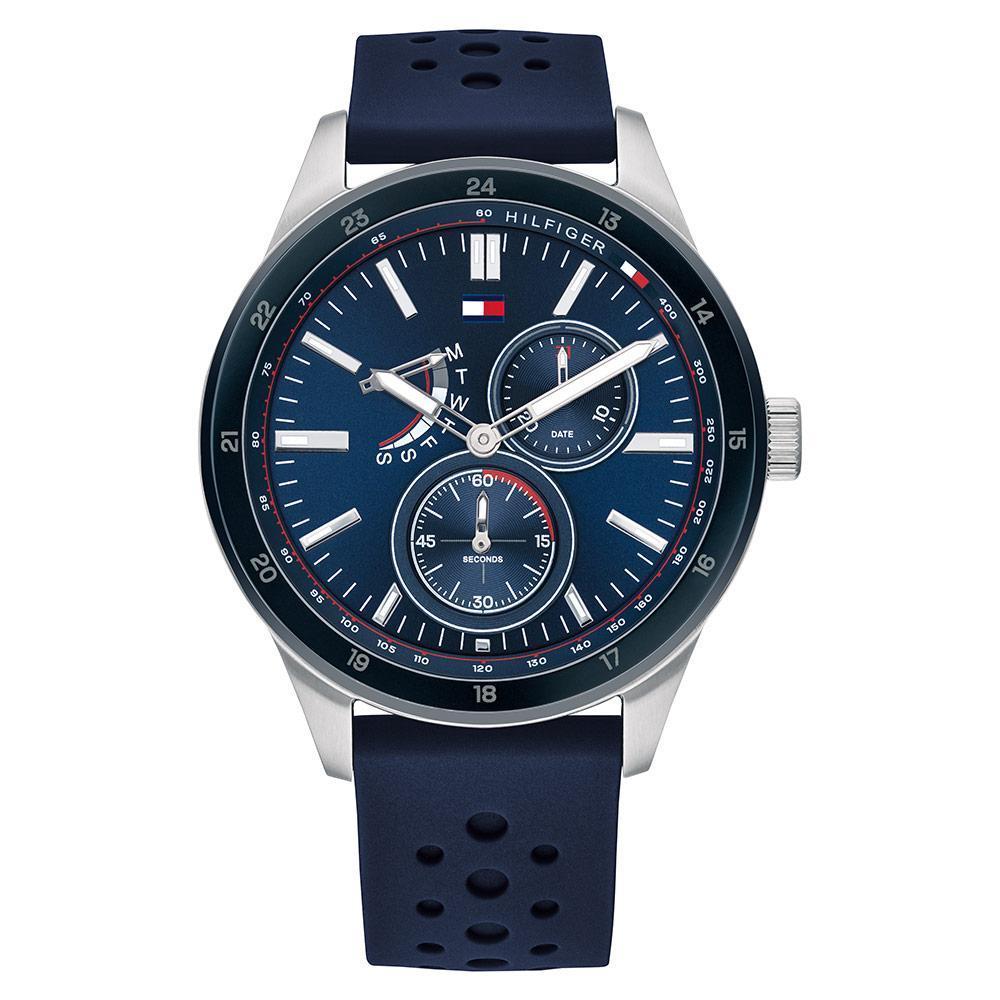 Tommy Hilfiger multi-function men's watch with blue dial, chronograph subdials and navy silicone strap