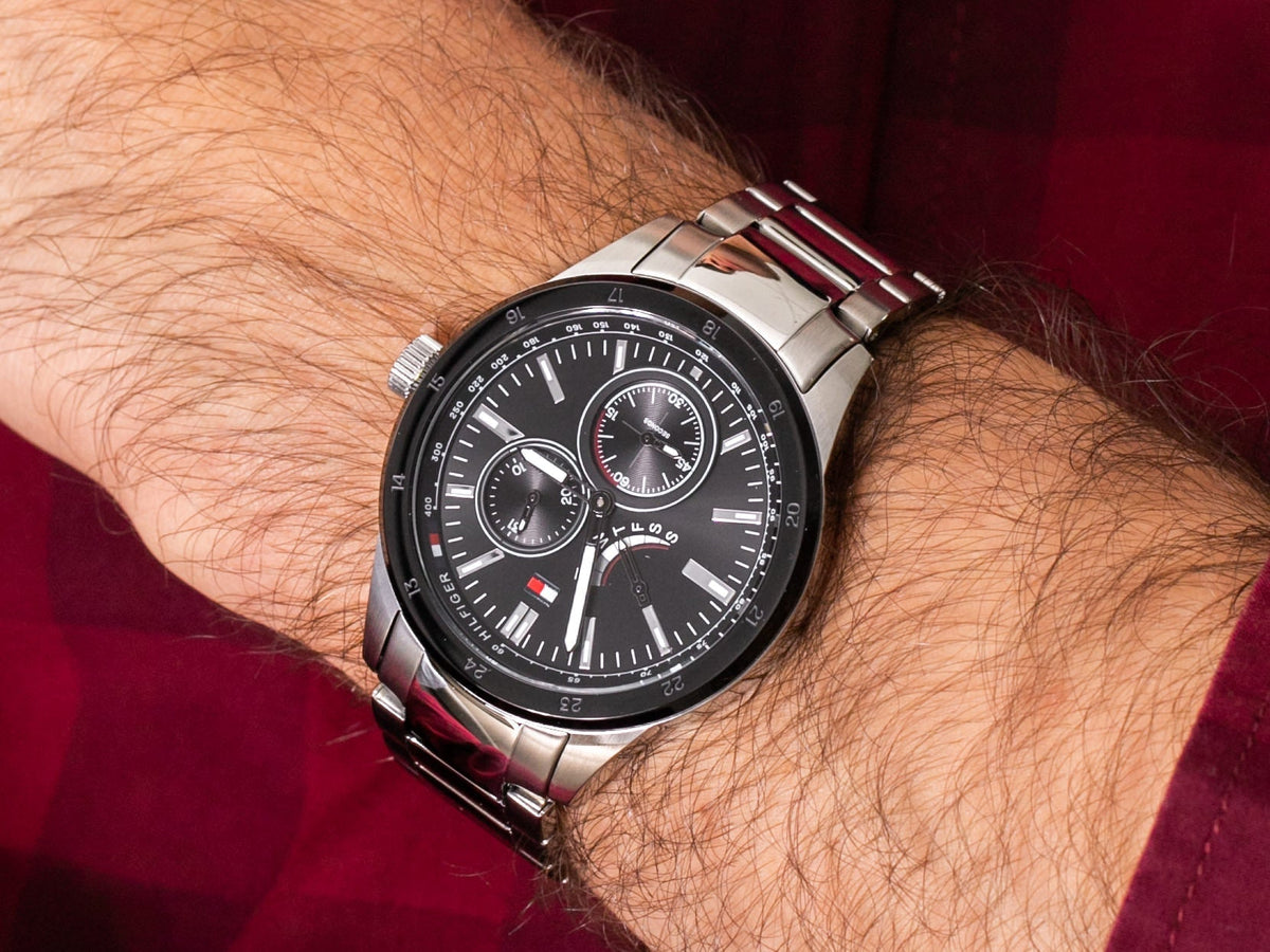 Tommy Hilfiger chronograph watch worn on male wrist
