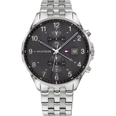 Tommy Hilfiger silver chronograph watch with black dial and stainless steel bracelet