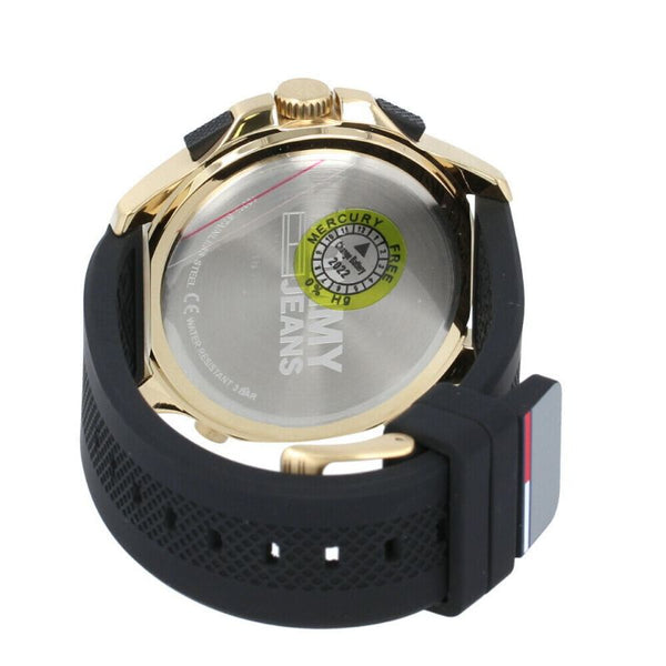 Tommy Hilfiger watch caseback showing movement and water resistance information