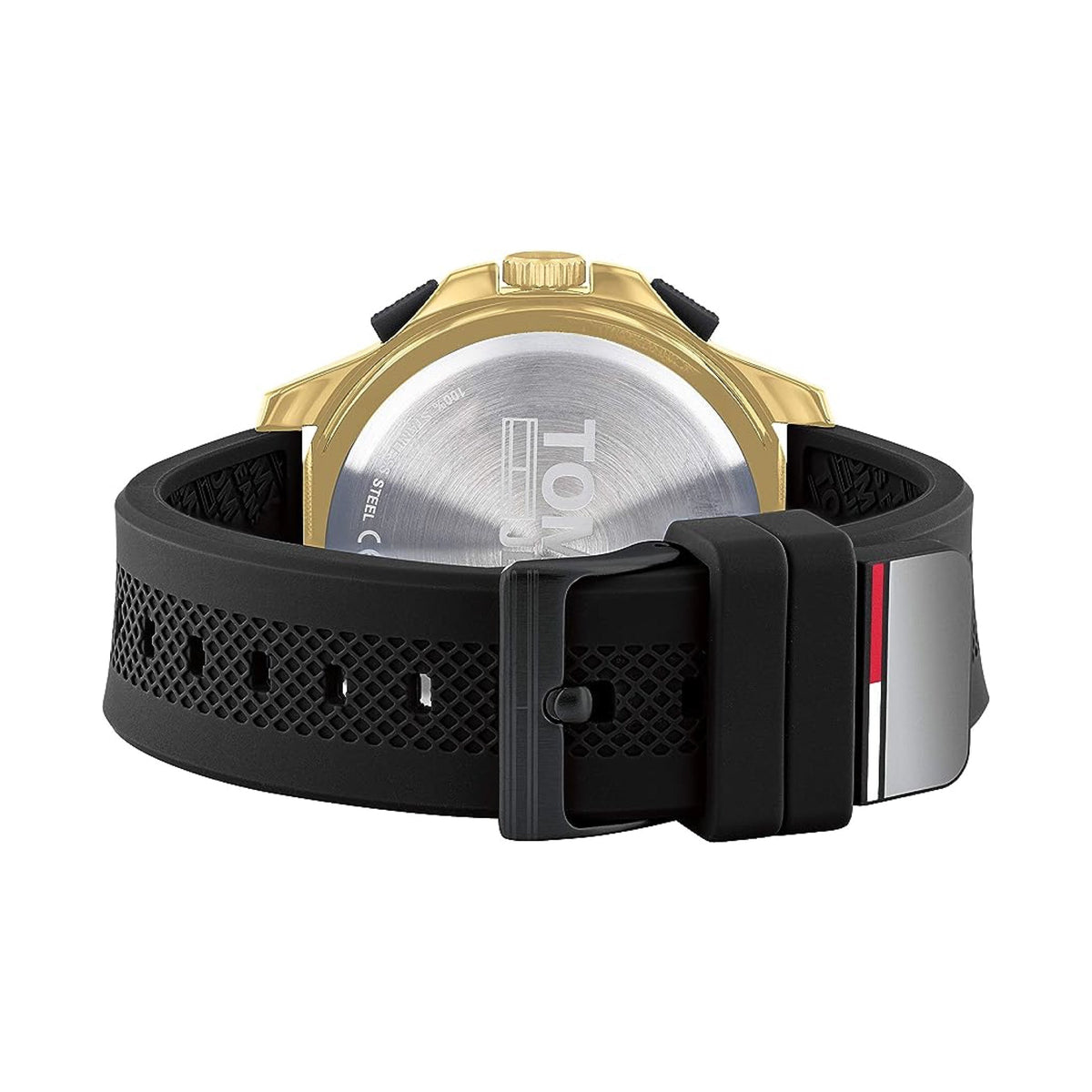 Tommy Hilfiger dual time watch strap view with black silicone band and buckle