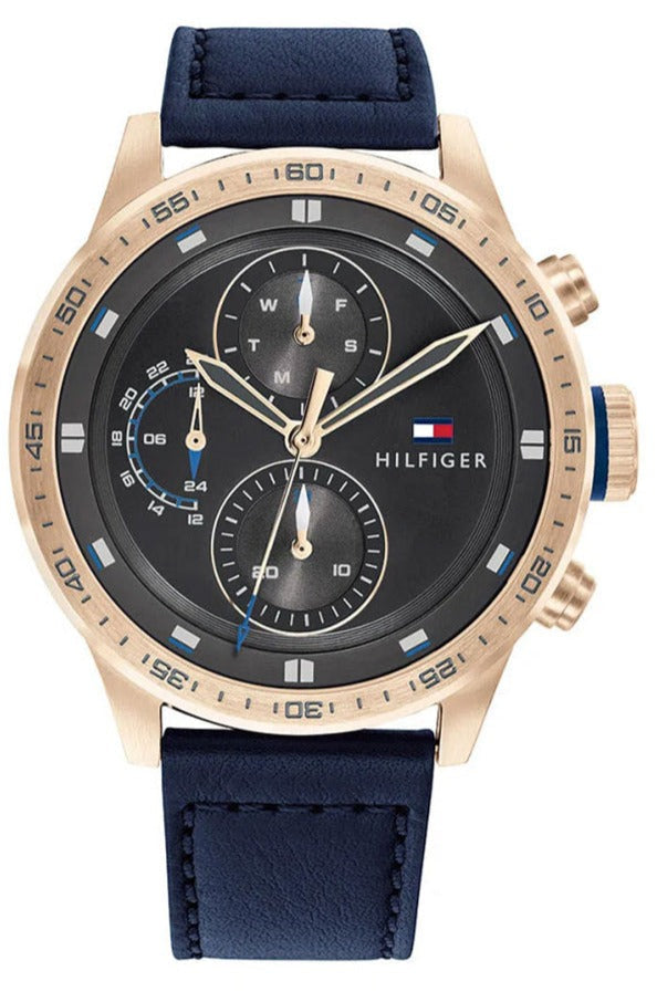 Tommy Hilfiger men's chronograph watch with rose gold case and black dial
