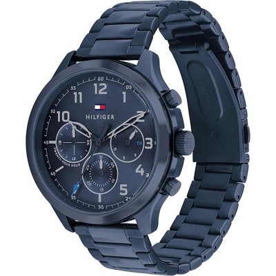 Tommy Hilfiger blue men's watch showing side view with metal bracelet and chronograph subdials