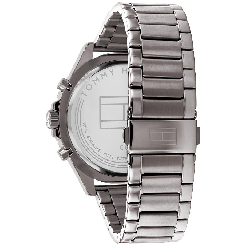 Side profile of Tommy Hilfiger chronograph watch showing case thickness and bracelet