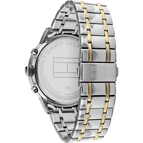 Tommy Hilfiger 1791981 watch caseback showing stainless steel with two-tone bracelet detail