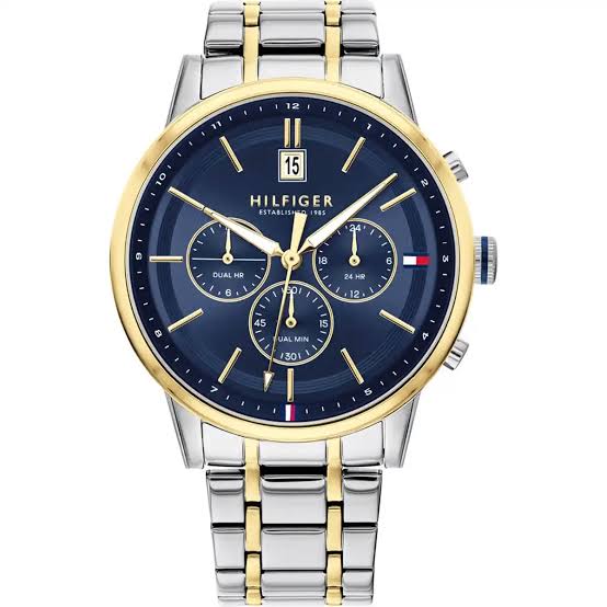Tommy Hilfiger 1791981 men's chronograph watch with navy blue dial and two-tone bracelet