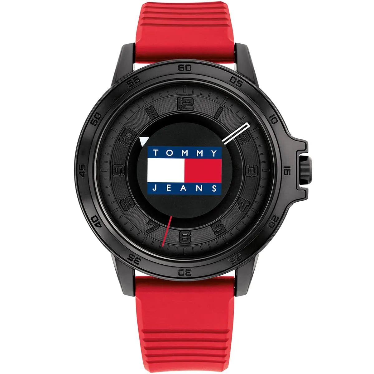Tommy Hilfiger analog watch with black dial, Tommy Jeans logo center, and red rubber strap