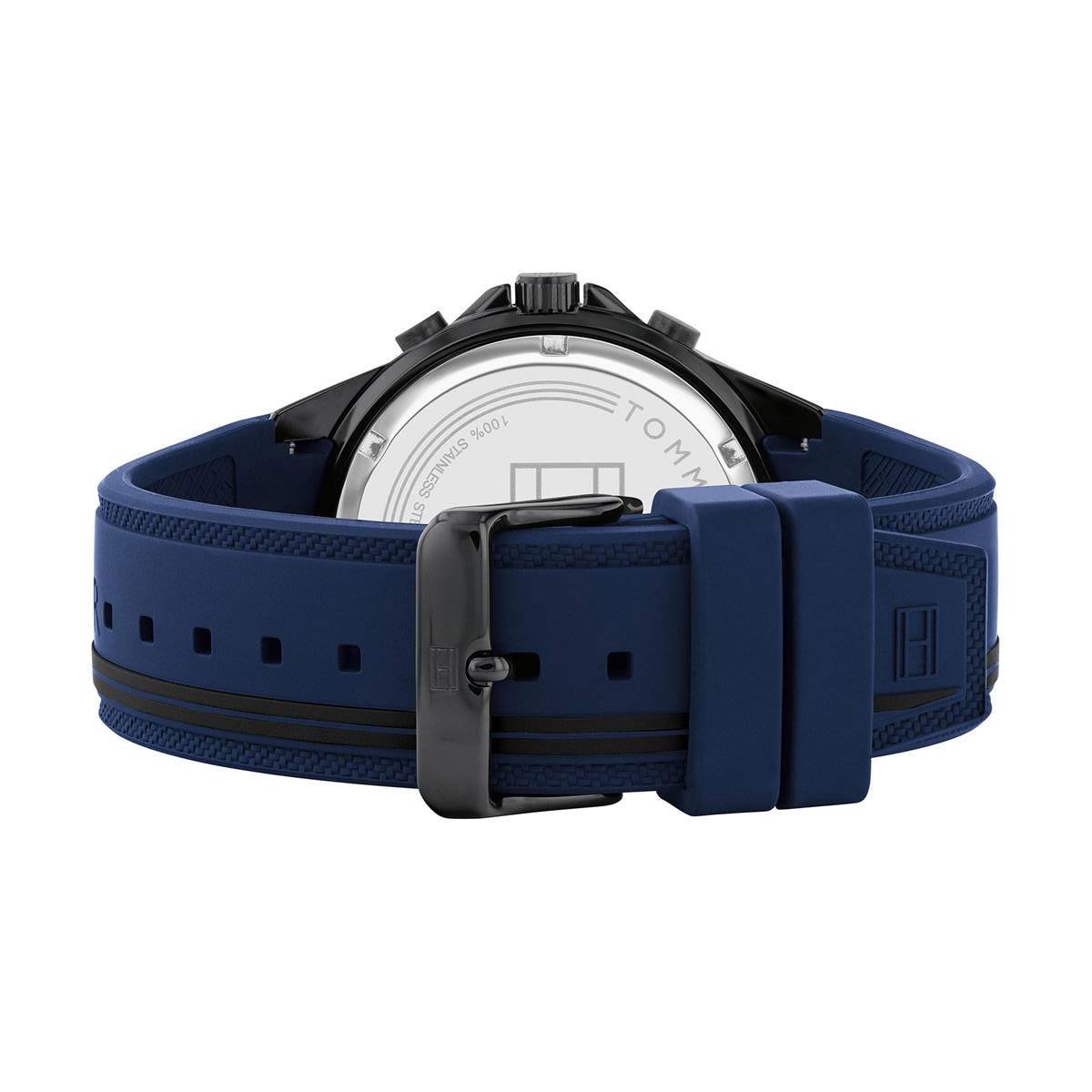 Tommy Hilfiger Aiden watch caseback showing blue strap and metal buckle closure