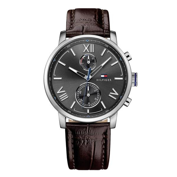 Tommy Hilfiger Alden black dial chronograph watch with Roman numerals and brown leather strap