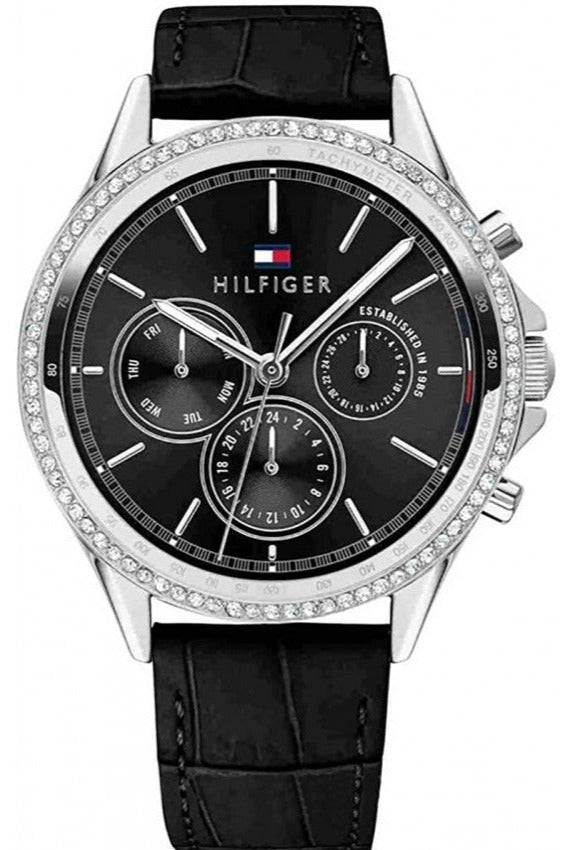 Tommy Hilfiger Ari Diamonds women's watch with black dial, crystal bezel, and black leather strap