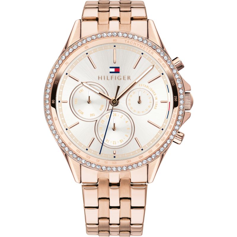 Tommy Hilfiger Ari rose gold women's chronograph watch with crystal-set bezel and silver dial