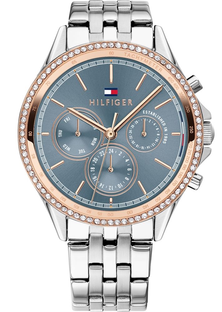 Tommy Hilfiger Ari Crystal women's chronograph watch with blue dial and rose gold crystal bezel