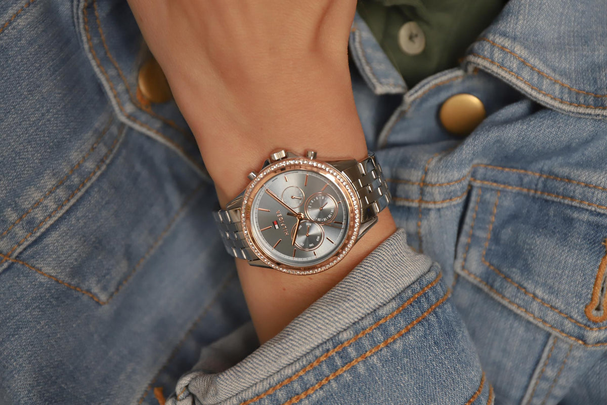 Tommy Hilfiger Ari Crystal watch worn on wrist with denim jacket