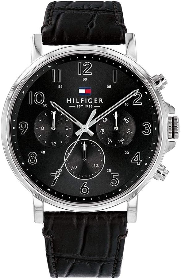 Tommy Hilfiger Baker men's chronograph with black dial, oversized numerals, and multiple subdials