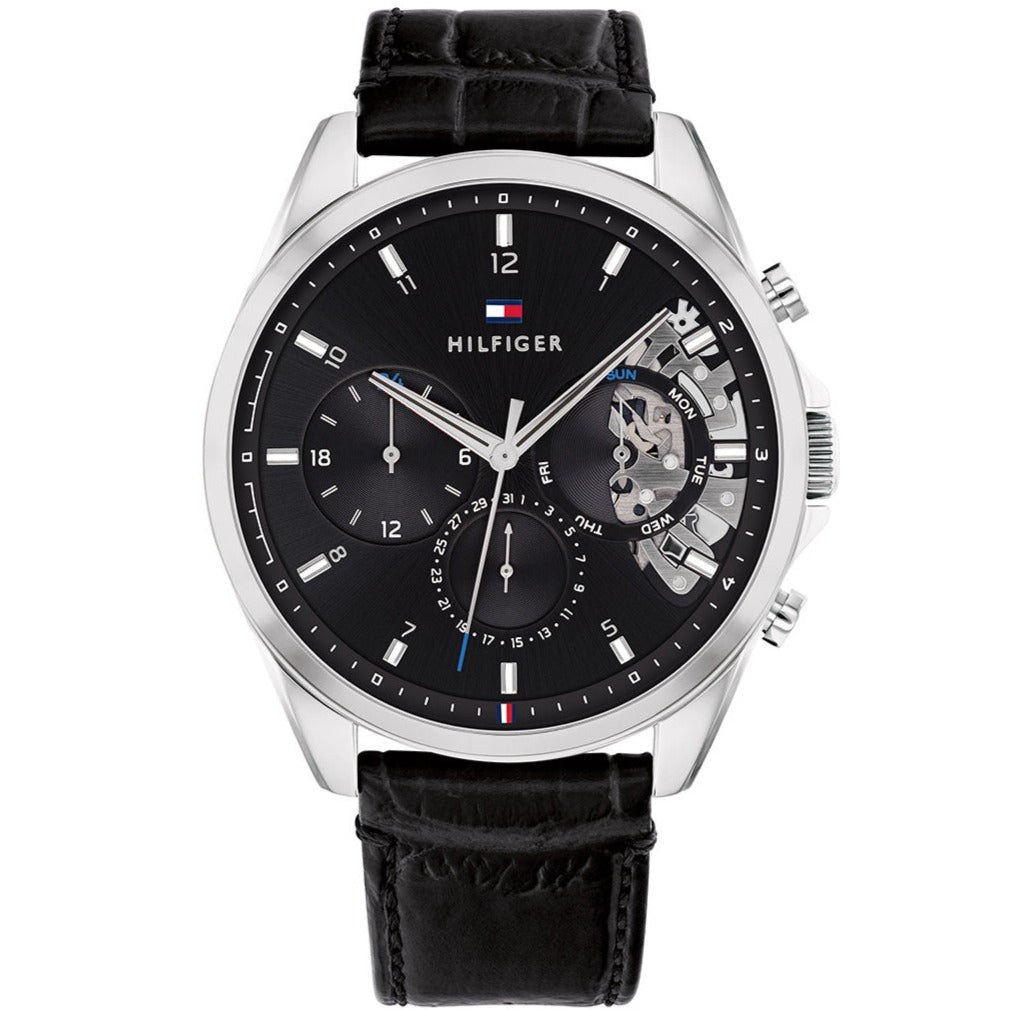 Tommy Hilfiger Baker chronograph watch with visible skeleton mechanism and black leather strap