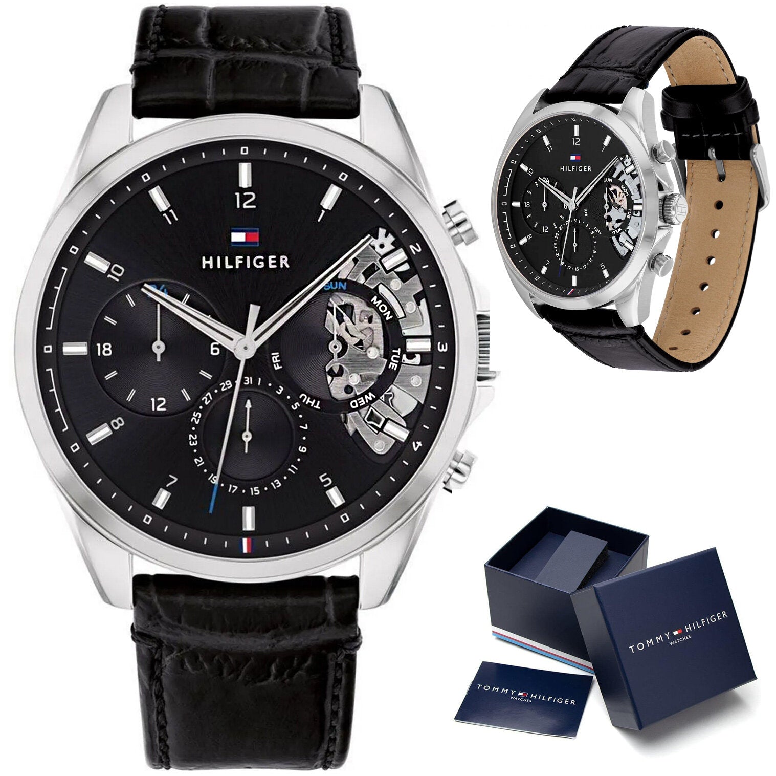 Tommy Hilfiger Baker chronograph watch displayed with open packaging box and smaller wrist view