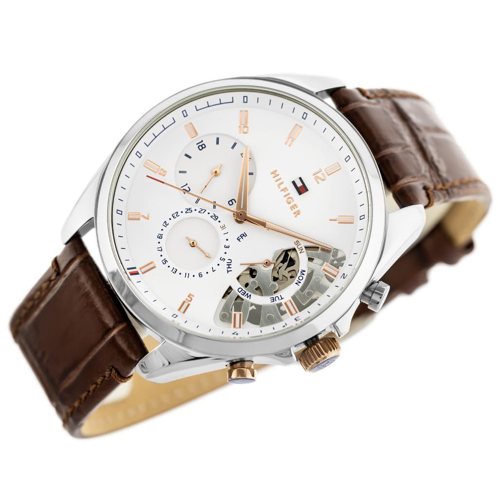 Tommy Hilfiger Baker chronograph angled view showing open heart window and chronograph functions