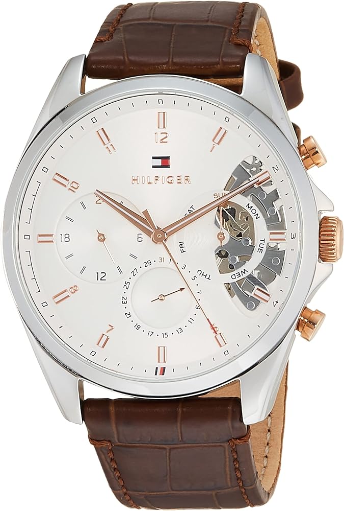 Angled view of Tommy Hilfiger Baker chronograph with visible chronograph subdials and brown strap