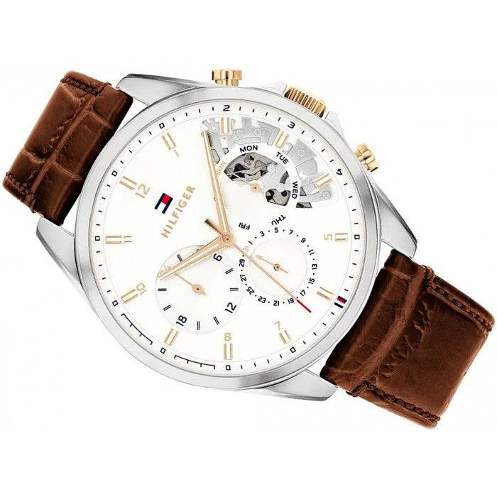 Front view of Tommy Hilfiger Baker chronograph with white dial and brown leather strap