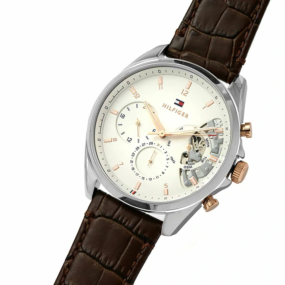 Tommy Hilfiger Baker chronograph watch worn on wrist with brown leather strap