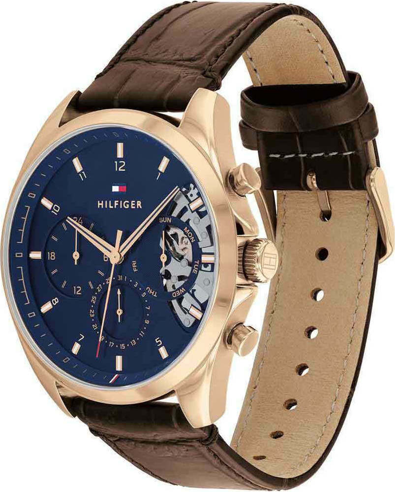 Tommy Hilfiger Baker watch side view with brown leather strap and rose gold case