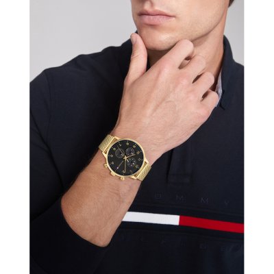 Tommy Hilfiger Bank 1791989 gold chronograph watch worn on wrist