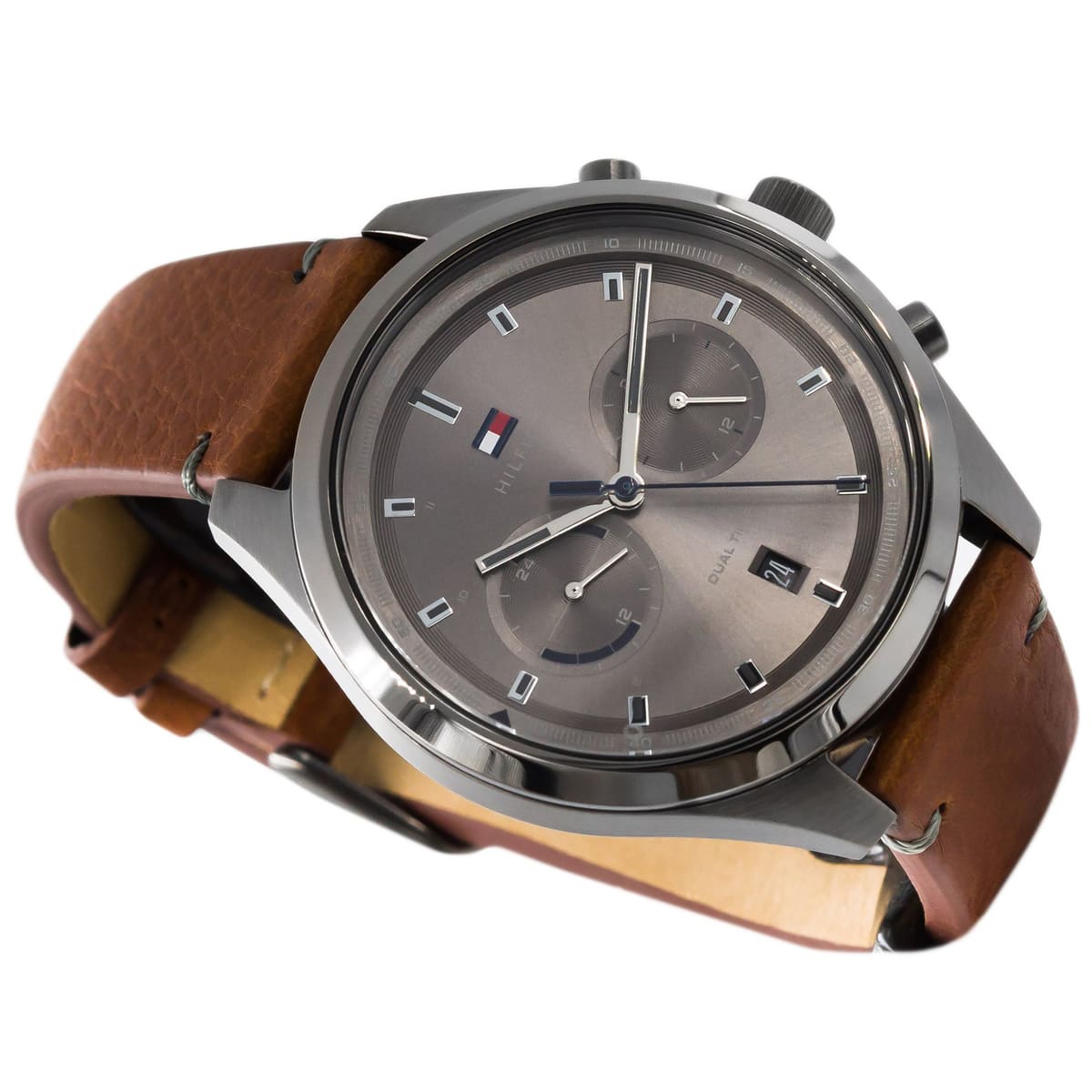 Tommy Hilfiger Bennett watch angled view with grey dial and brown leather strap