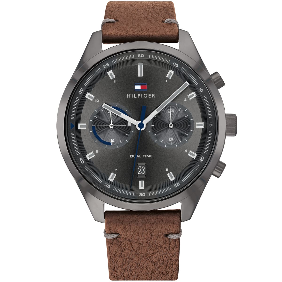 Tommy Hilfiger Bennett chronograph watch with grey dial, brown leather strap, and dual time display