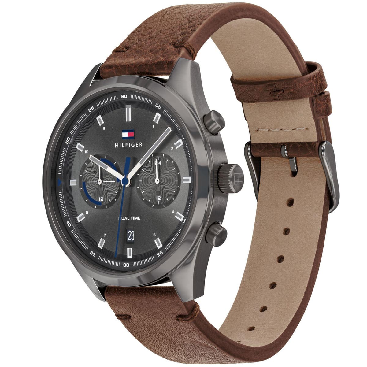 Tommy Hilfiger Bennett watch side view showing brown leather strap and case profile