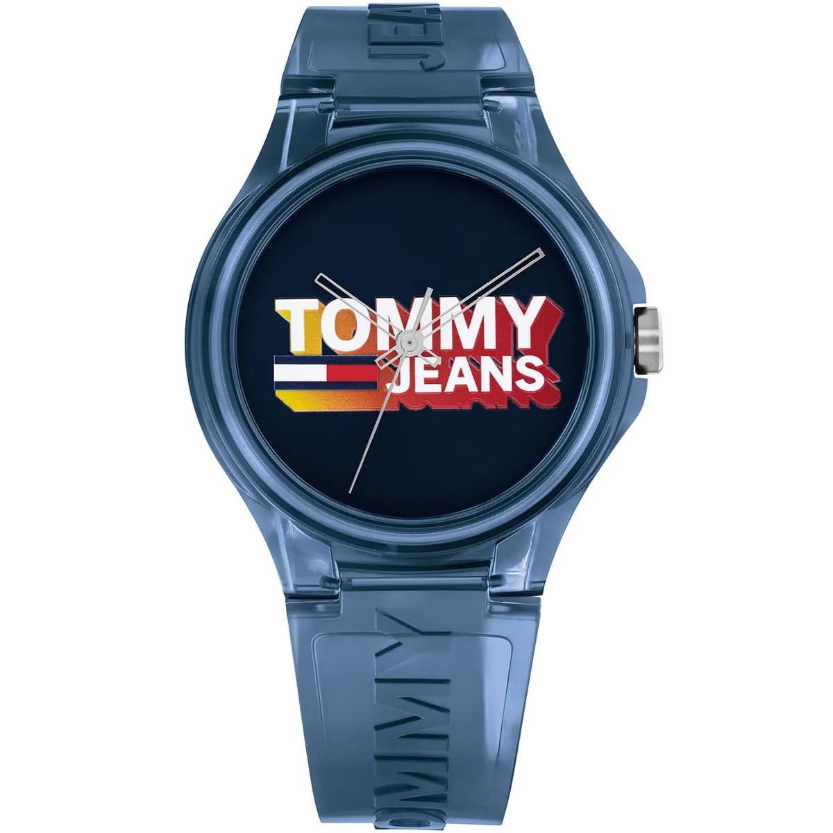 Tommy Hilfiger Berlin unisex watch with Tommy Jeans logo on black dial and blue rubber strap