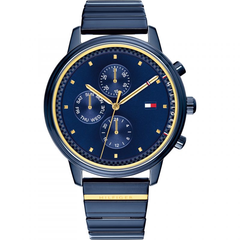 Tommy Hilfiger Blake chronograph watch with blue dial and gold bezel on blue metal strap