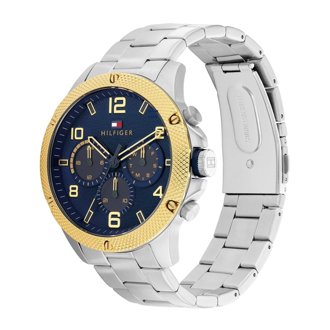 Tommy Hilfiger Blaze watch from angle showing blue dial and silver steel bracelet