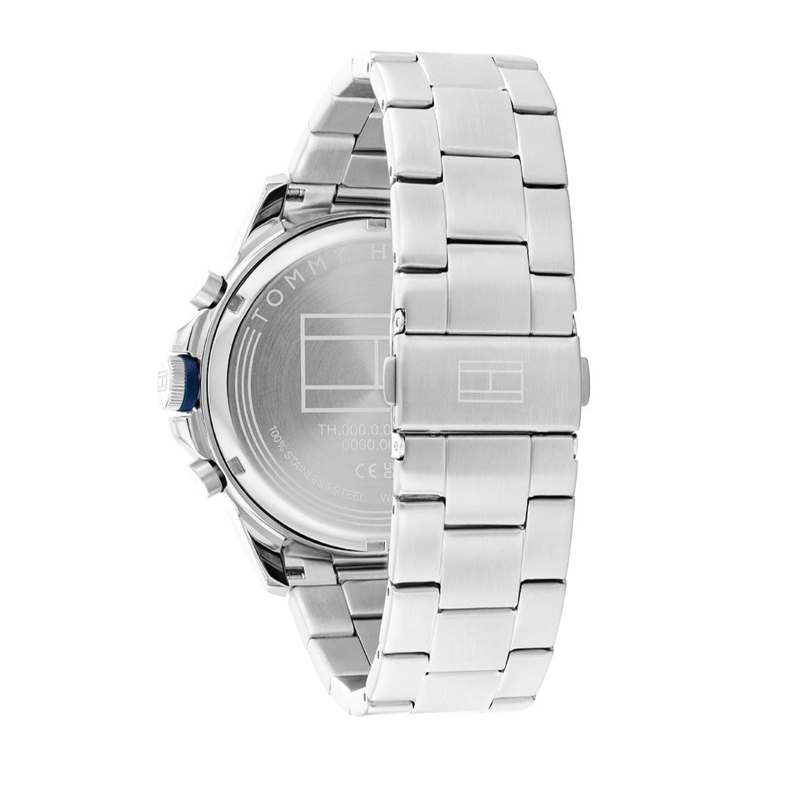 Side view of Tommy Hilfiger Blaze watch showing silver steel bracelet