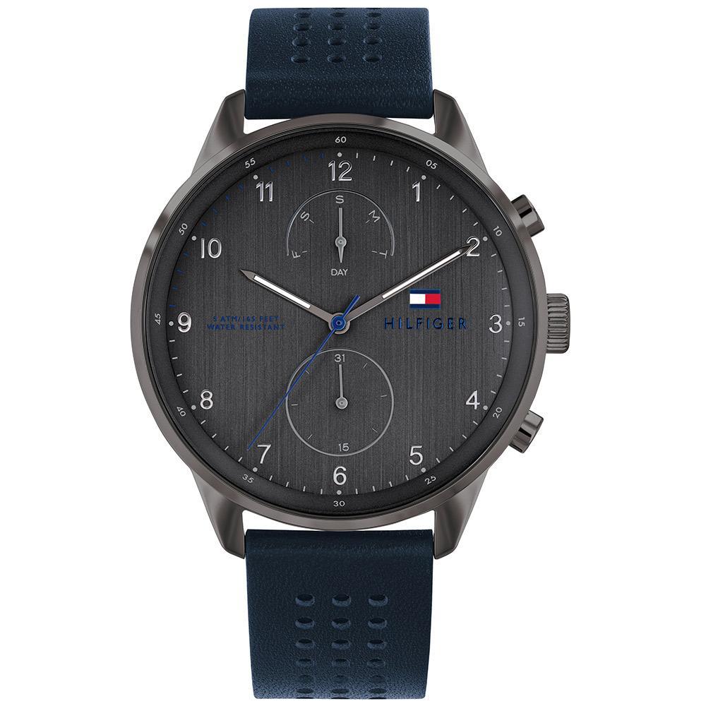 Tommy Hilfiger men's chronograph watch with dark grey dial and blue leather strap