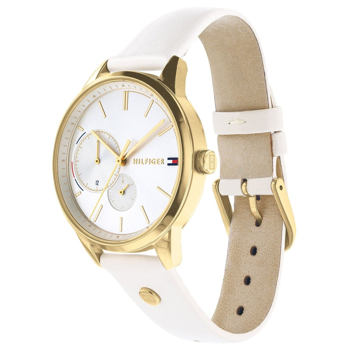 Tommy Hilfiger Brooklyn watch angle view showing white leather strap and gold-tone case with chronograph subdials