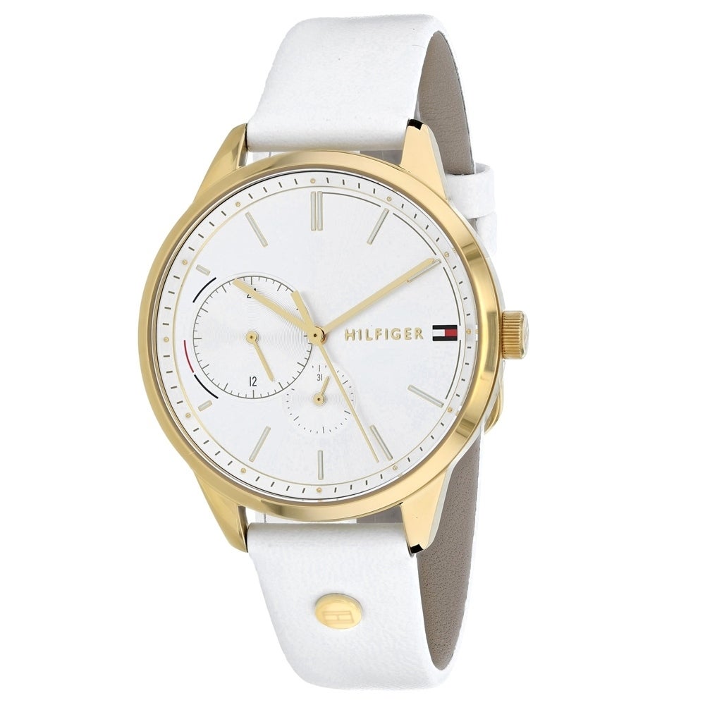Tommy Hilfiger Brooklyn watch with silver dial, gold case, and white leather strap, front view