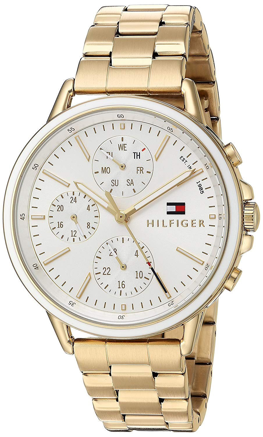 Tommy Hilfiger Carly ladies chronograph watch with gold-tone metal bracelet, angle view