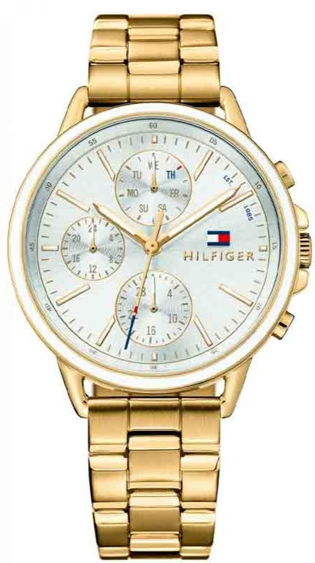 Tommy Hilfiger Carly ladies gold chronograph watch with white dial and gold bracelet