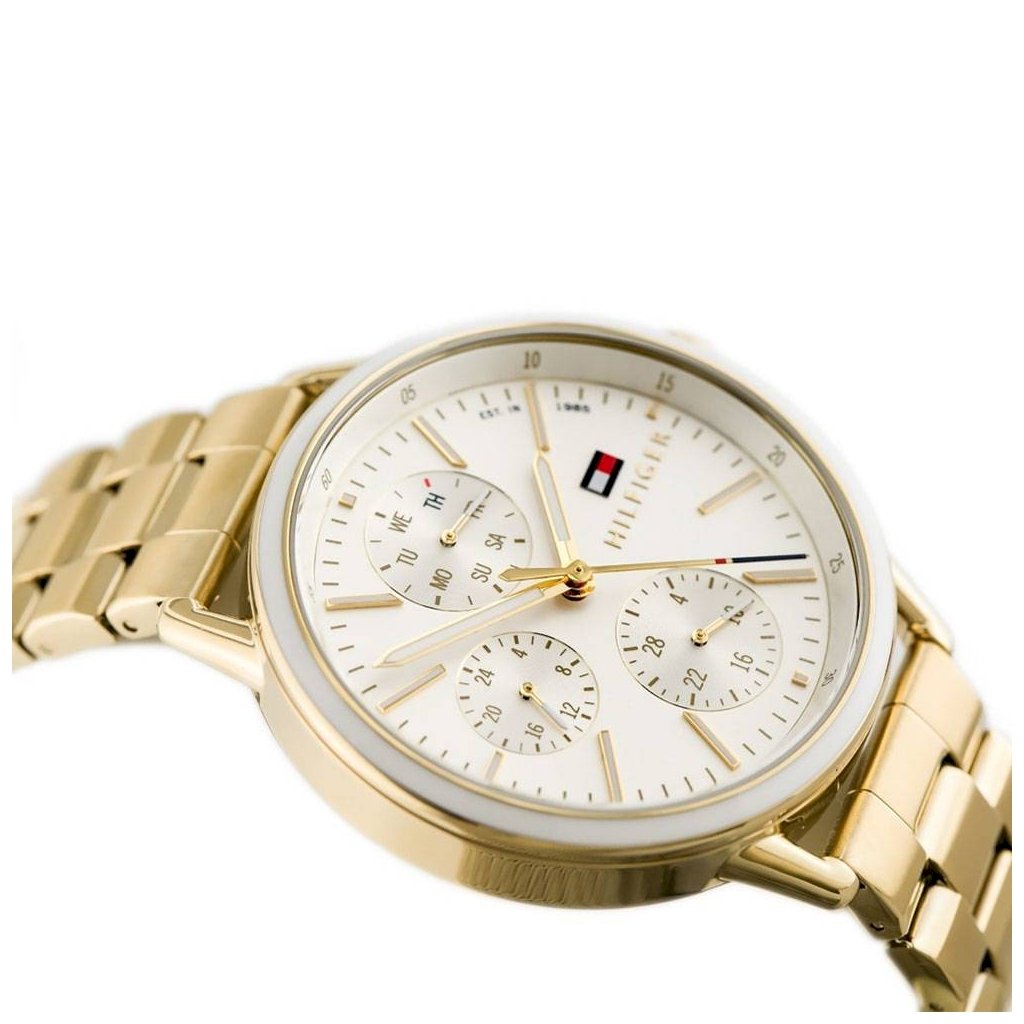 Tommy Hilfiger Carly ladies chronograph watch gold-tone displayed on wrist
