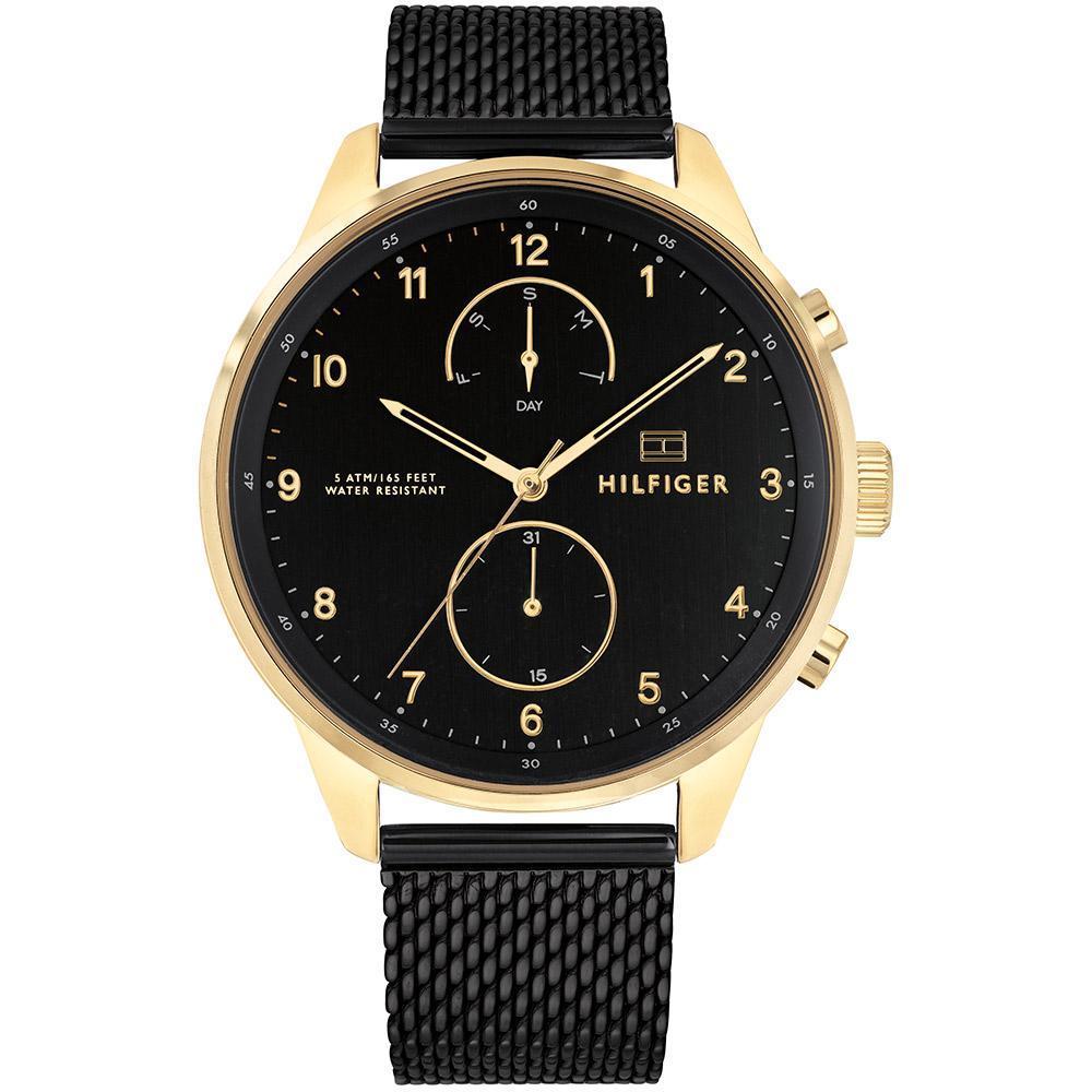 Tommy Hilfiger gold-tone chronograph watch with black dial and black mesh strap