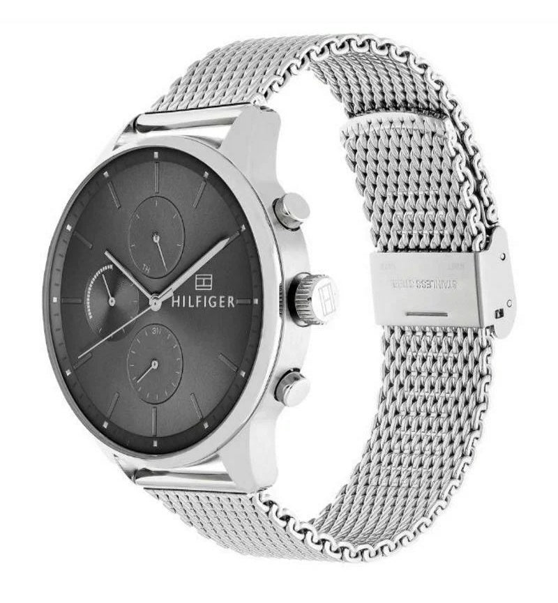 Tommy Hilfiger Chase watch angled view showing grey dial and silver mesh bracelet