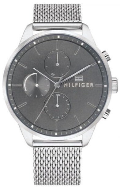 Tommy Hilfiger Chase grey dial chronograph watch with silver mesh bracelet, front view