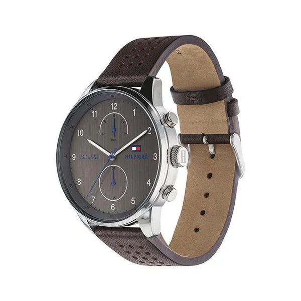 Tommy Hilfiger Chase watch displayed at angle showing case and leather strap details