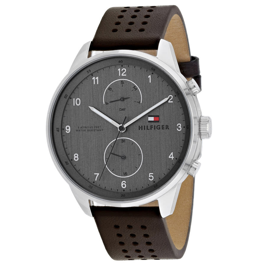 Tommy Hilfiger Chase grey dial chronograph men's watch with silver case and brown leather strap