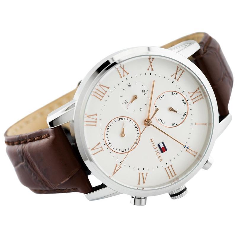 Angled view of Tommy Hilfiger chronograph with Roman numerals and dual subdials