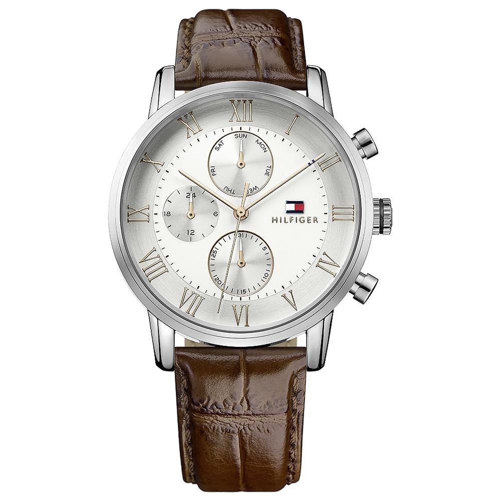 Tommy Hilfiger chronograph watch with silver dial and brown leather strap